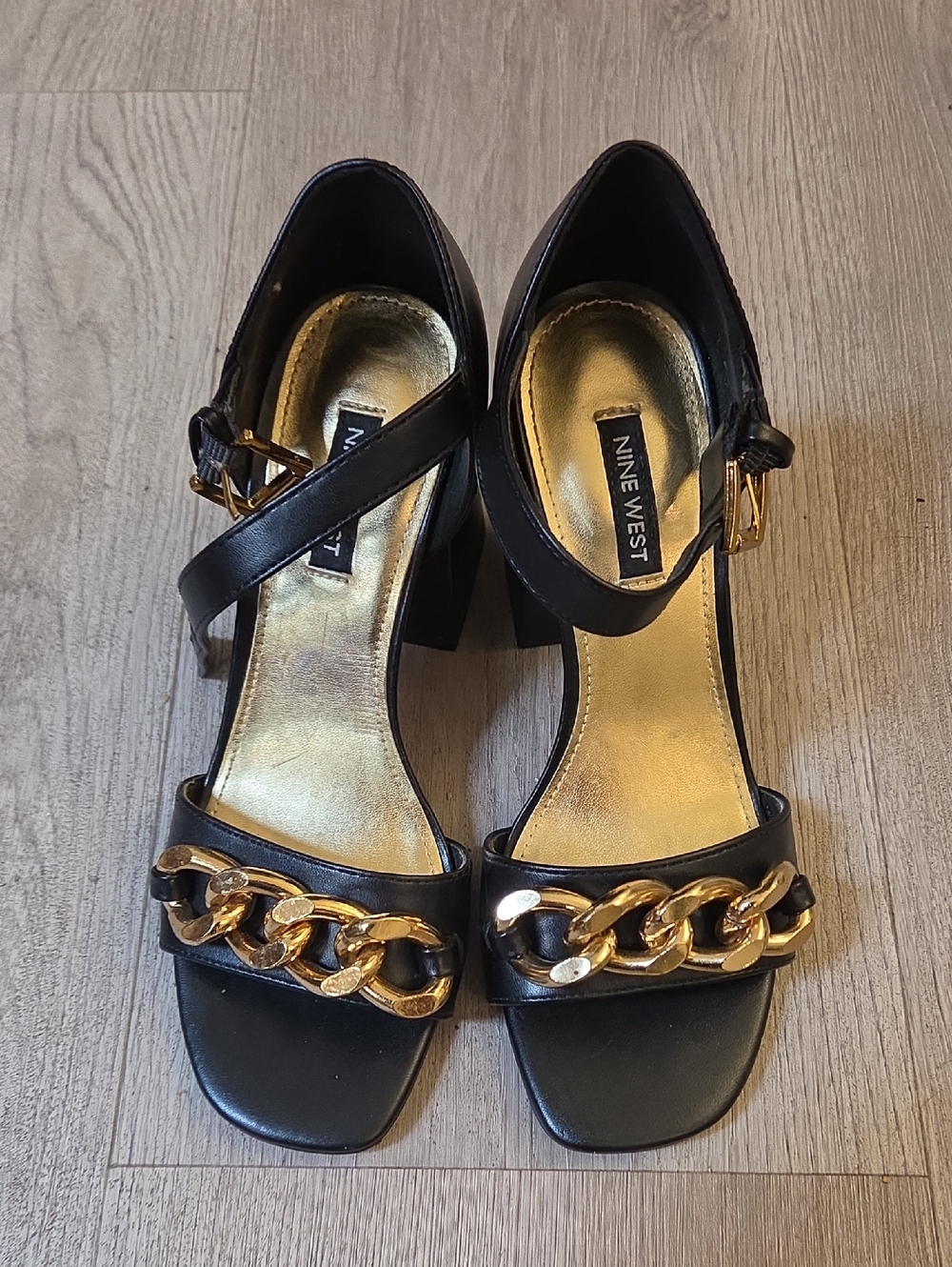 Nine West Black Leather Block Heels with Gold Chain Accent